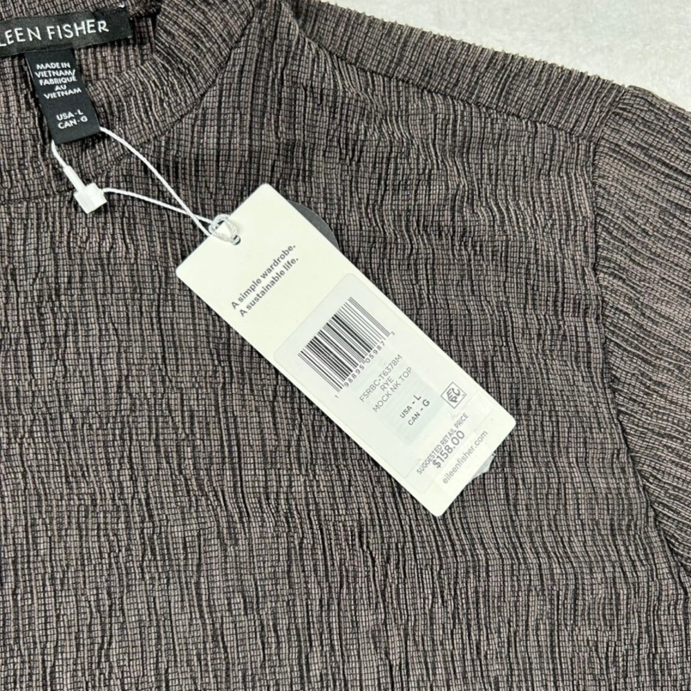 Eileen Fisher Top Womens Large Rye Brown Crinkle Mock Neck Short Sleeve Career - Picture 4 of 9